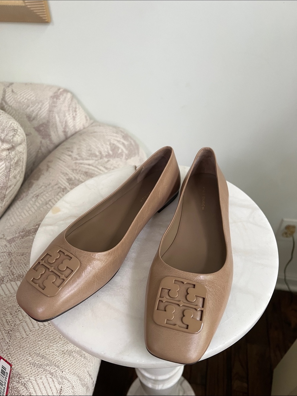 Tory Burch Nude Leather Logo Square-Toe Flats